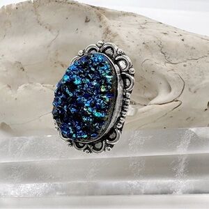 NEW Amazing Sterling Silver 925 Plate Blue Titanium Duzy Gemstone Ring 8.5